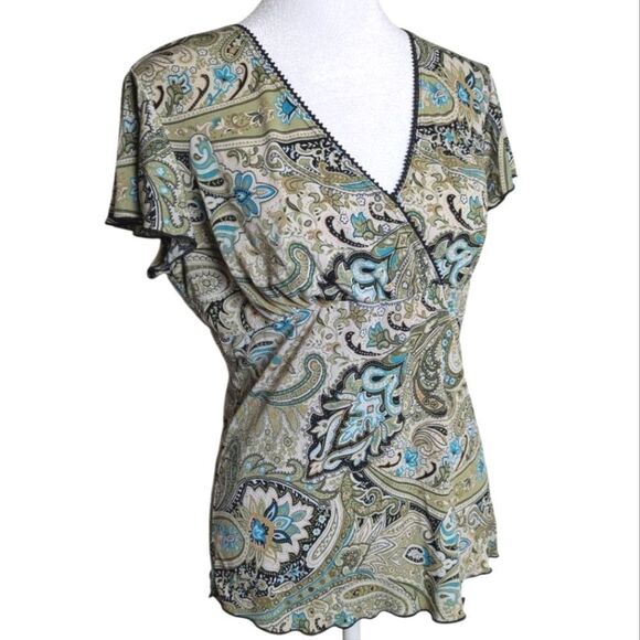 Vintage 90s Perseption Concept Blue Green Paisley Floral Lettuce Edge Top M - Picture 1 of 5